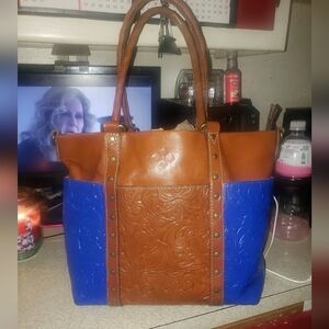 Patricia Nash Stylish Brown and Blue Up Do Tote Bag